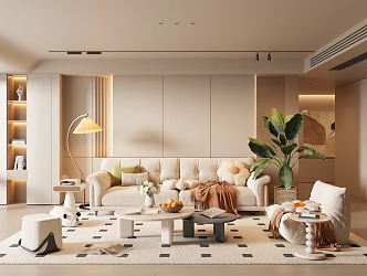 Modern Cream Style Living Room Home Living Room Sofa Coffee Table Combination Cream Style Sofa Background Wall Cream Style Floor Lamp Green Plant Potted Cream Style Coffee Table 3d model