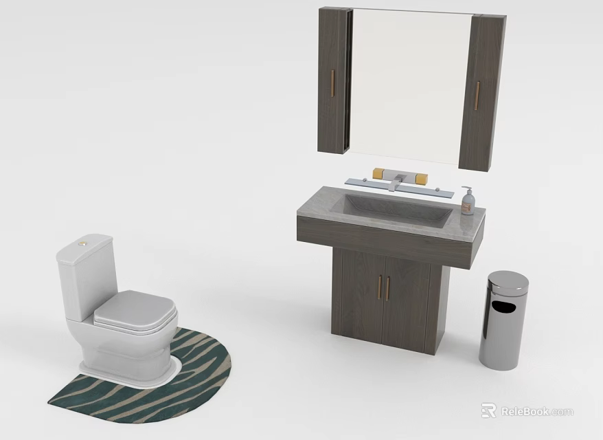 Modern Bathroom Interior With White Toilet Vanity Mirror Striped Rug And Trash Can 3d model 