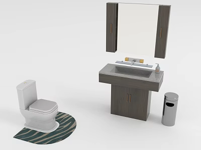 Modern Bathroom Interior With White Toilet Vanity Mirror Striped Rug And Trash Can 3d model