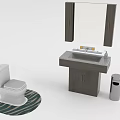 Modern Bathroom Interior With White Toilet Vanity Mirror Striped Rug And Trash Can