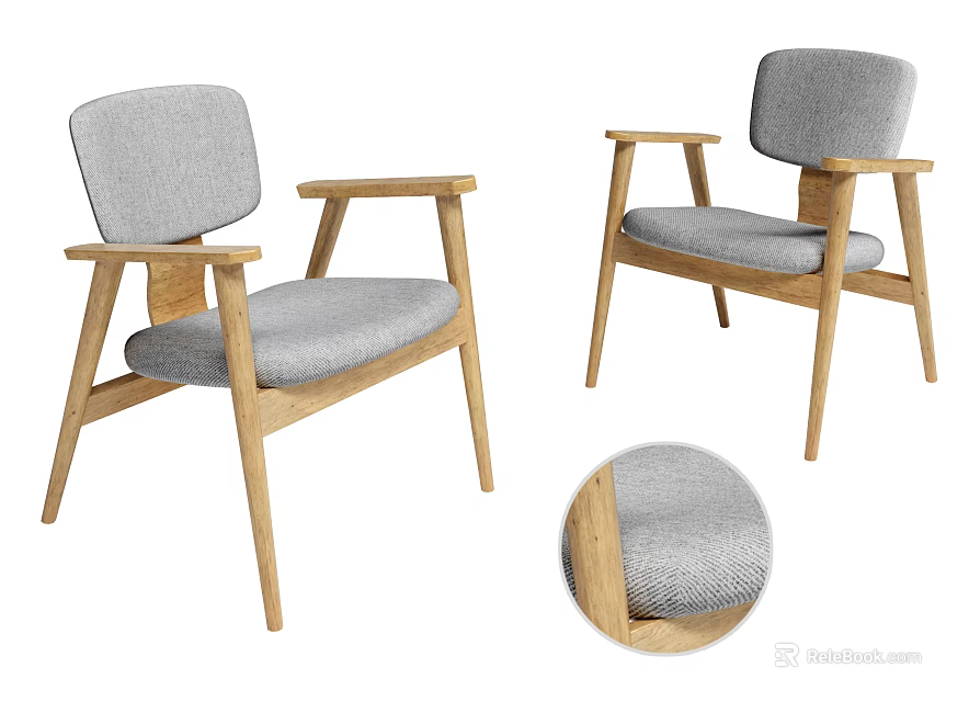 Stylish Light Wood Dining Chairs With Gray Fabric Seats Armrests And Texture Detail 3d model 
