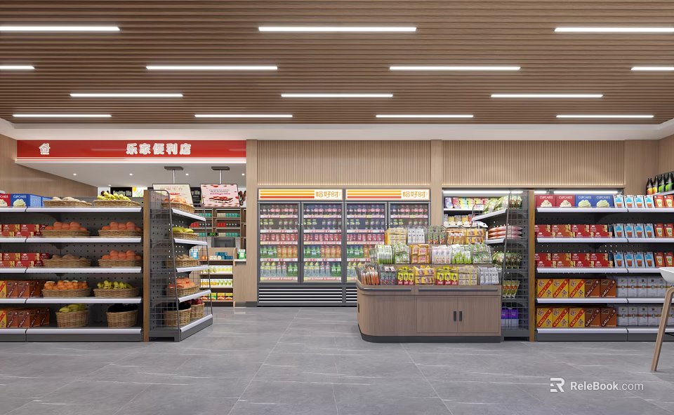 Spacious Well Stocked Supermarket Department Store With Groceries Drinks Daily Necessities Shelves And Refrigerated Cases 3d model 