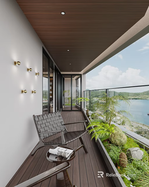 Cozy Home Balcony With Wooden Deck Gray Woven Chair Wall Lights Green Plants Sea View 3d model 
