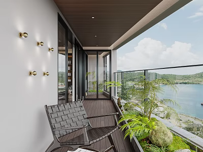 Cozy Home Balcony With Wooden Deck Gray Woven Chair Wall Lights Green Plants Sea View 3d model