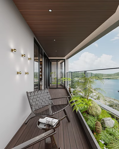 Cozy Home Balcony With Wooden Deck Gray Woven Chair Wall Lights Green Plants Sea View 3d model