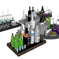 Assorted Wine Bottles And Glasses Arranged On Trays With Ice Buckets And Accessories