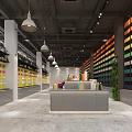 Modern Stationery Store Interior With Colorful Shelves Cashier Counter Hanging Lamps And Green Plant