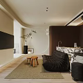Modern Living Room Interior With Black Sofa Marble Countertop Wooden Stools Rug And Green Plants