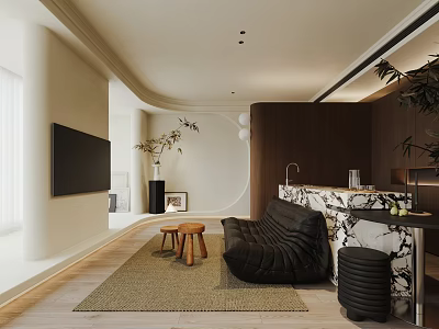 Modern Living Room Interior With Black Sofa Marble Countertop Wooden Stools Rug And Green Plants 3d model