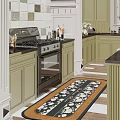 Green Kitchen Interior With Black Countertops Gas Stove Cabinets And Floral Rug