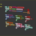 Red and White Toy Gun Models Arranged in Multiple Rows on Reflective Surface