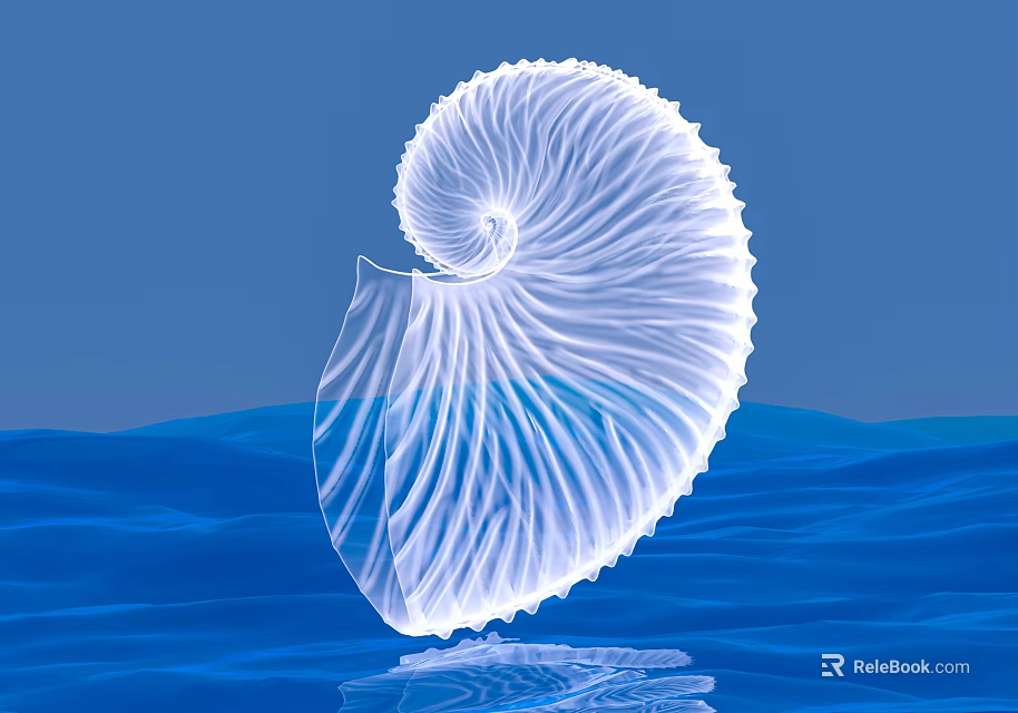 White Nautilus Shell With Glossy Structure On Blue Rippled Water Surface 3d model 
