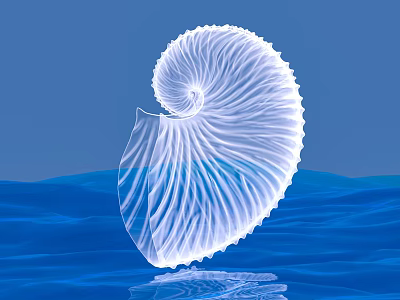 White Nautilus Shell With Glossy Structure On Blue Rippled Water Surface 3d model