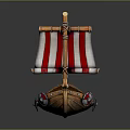 Decorative Wooden Ship Model With Red White Striped Sail Skull Decoration And Intricate Carvings