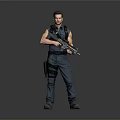 Male Character In Blue Sleeveless Outfit Holding Large Gun With Gray Background