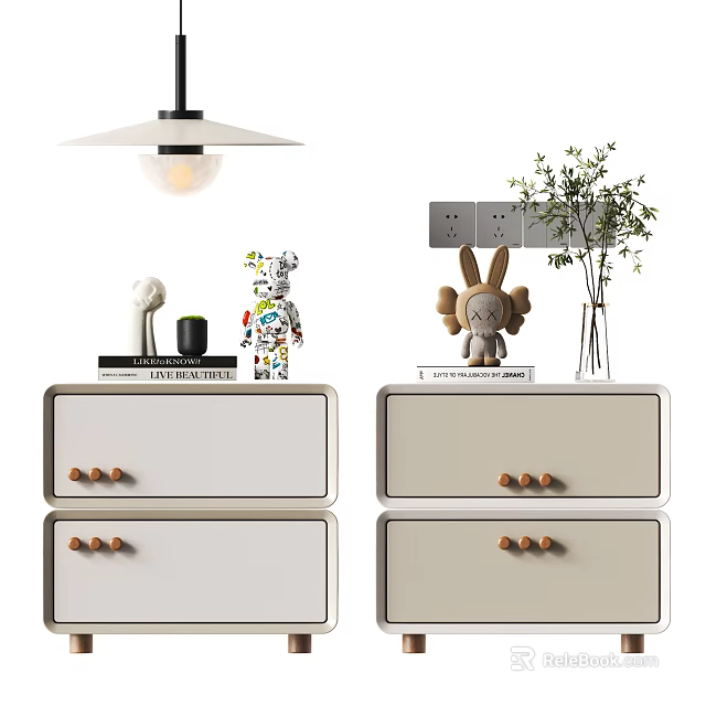 Modern Bedside Tables With Wooden Knobs Rabbit Doll Vase Plant And Decorative Items 3d model