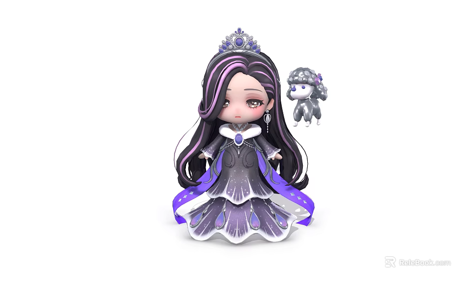 Princess With Long Purple Black Hair Crown And Purple White Dress And Gray Small Companion Creature 3d model 