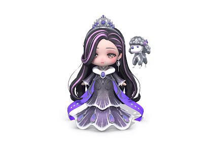 Princess With Long Purple Black Hair Crown And Purple White Dress And Gray Small Companion Creature 3d model