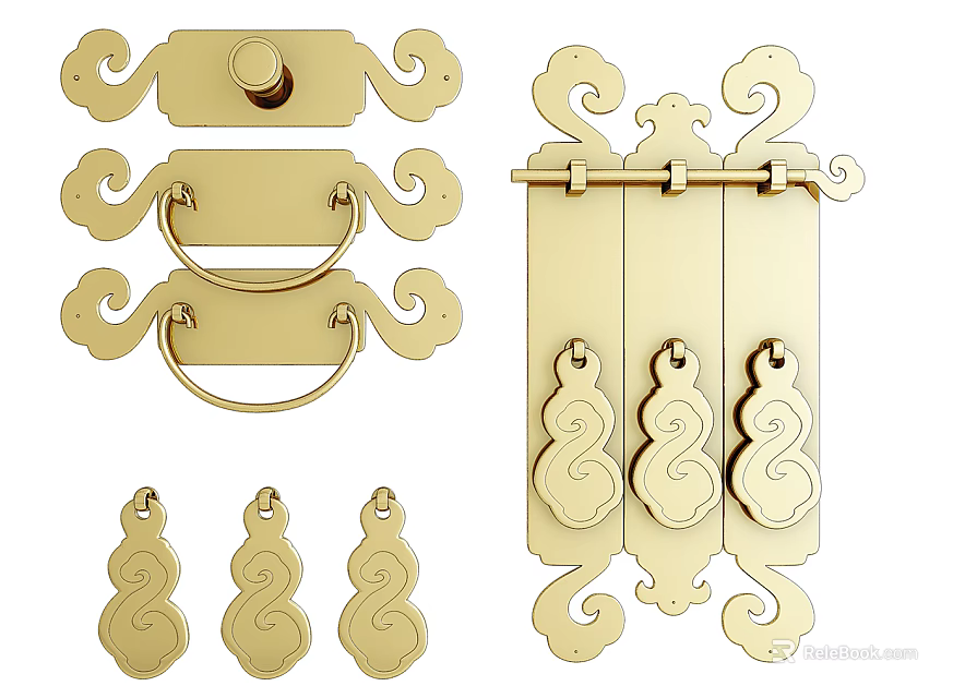 Traditional Golden Brass Decorative Door Handles With Scrollwork And Cloud Patterns 3d model