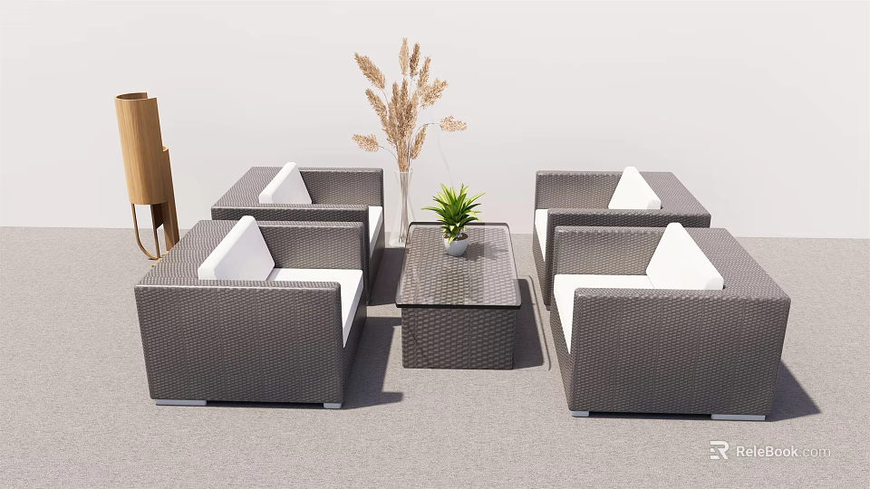 Gray Wicker Outdoor Sofa Set With White Cushions Coffee Table And Green Plant 3d model 