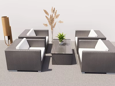 Gray Wicker Outdoor Sofa Set With White Cushions Coffee Table And Green Plant 3d model