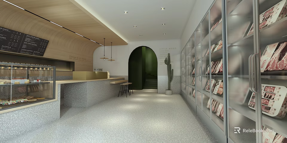 Modern Specialty Store Interior With Reception Counter Glass Display Shelves Green Archway And Cactus Plant 3d model 