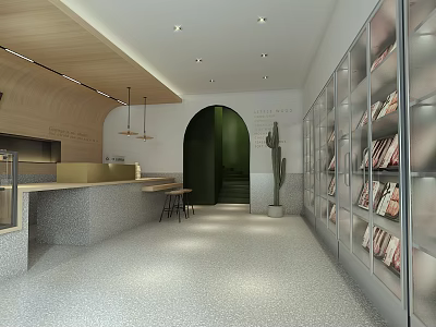 Modern Specialty Store Interior With Reception Counter Glass Display Shelves Green Archway And Cactus Plant 3d model