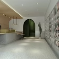 Modern Specialty Store Interior With Reception Counter Glass Display Shelves Green Archway And Cactus Plant