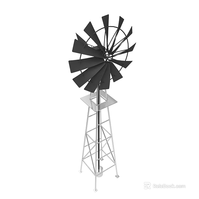 Outdoor Black Metal Windmill With Rotating Blades And Sturdy Metal Stand 3d model 