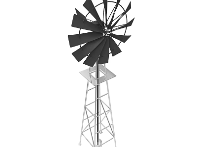 Outdoor Black Metal Windmill With Rotating Blades And Sturdy Metal Stand 3d model
