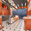 Vibrant Hotpot Restaurant Interior With Orange Walls Diamond Patterned Floor And Menu Posters