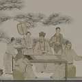 Traditional Chinese Figure Painting with Ancient Scholars Holding Fans Gathered Around Table and Pine Background
