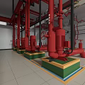 Red Industrial Pipes Valves And Pumps On Green Yellow Bases In Facility With White Walls