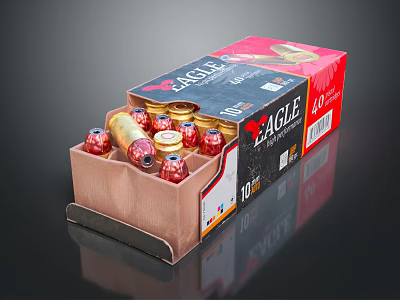 Eagle Brand Ammunition Box Containing 10 Rounds With Golden Casings And Red Black Design 3d model