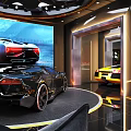 Aventador Sports Car On Rotating Platform With Large Screen Display
