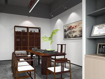 Elegant Traditional Chinese Room Interior Featuring Wooden Table Chairs Bookshelf Wall Painting And Green Plant 3d model