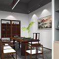 Elegant Traditional Chinese Room Interior Featuring Wooden Table Chairs Bookshelf Wall Painting And Green Plant