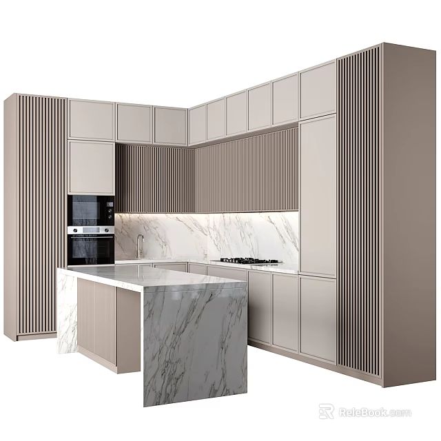 Sleek Modern Kitchen Interior Featuring Marble Island And Light Gray Cabinets 3d model