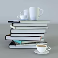 Stack of Books and Magazines with White Mugs on Top and Coffee Cup with Steam