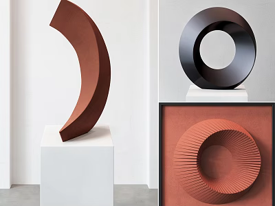 Modern Abstract Carved Sculptures With Curved Circular Forms Brown Black On White Pedestals 3d model