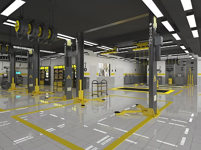 Auto Repair Specialty Store With Car Lifts Yellow Safety Lines Tool Cabinets And Clean Floor 3d model