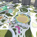 Modern Residential Landscape with High Rise Buildings Central Green Space Water Features and Recreational Areas
