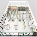 Bright White Pharmacy Store With Shelves Displaying Various Medications And Organized Interior