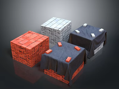 Brick Equipment Cubes In Red Gray Color With Dark Cloth Cover And Small Blocks 3d model
