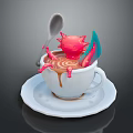 White Coffee Cup With Brown Swirl Liquid Pink Creature Silver Spoon Blue Object On Saucer