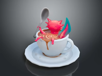 White Coffee Cup With Brown Swirl Liquid Pink Creature Silver Spoon Blue Object On Saucer 3d model