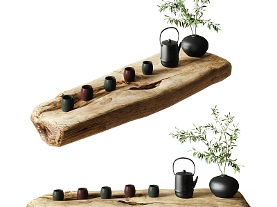 Stylish Tea Set with Black Teapot Teacups and Green Foliage on Natural Wooden Board 3d model