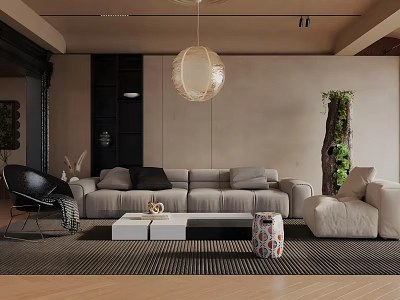 Modern Living Room Interior With Gray Sofa Black Chair White Coffee Table And Spherical Pendant Light 3d model