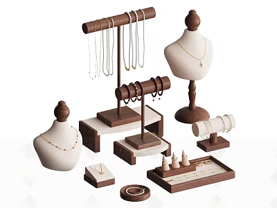 Wooden Jewelry Display Stand Set With Necklace Holder Ring Tray And Mannequin Bust 3d model