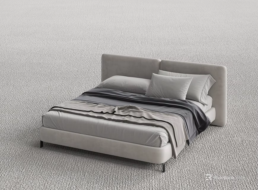 Modern Double Bed Design With Upholstered Headboard Gray Pillows And Blanket 3d model 